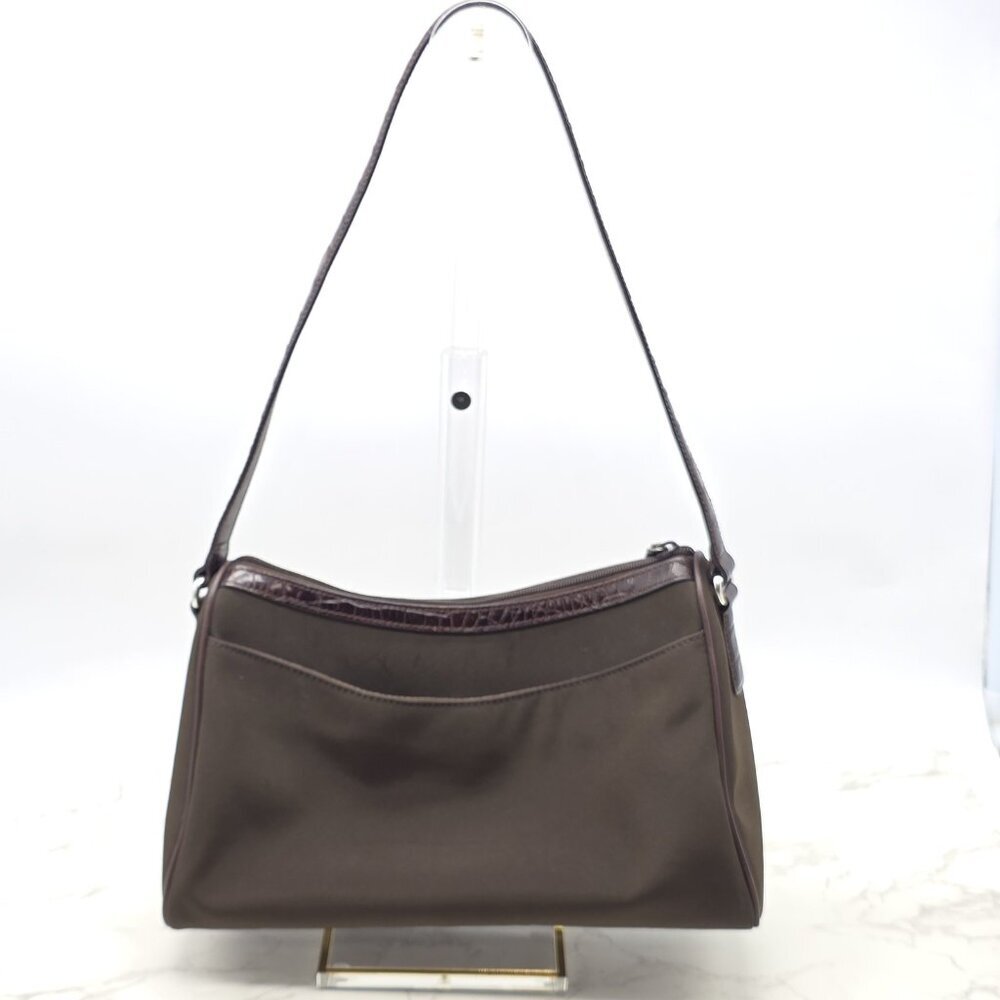 Brighton Shoulder Bag Brown Crocodile Nylon Embossed Leather Trim Purse Zip - Picture 4 of 12